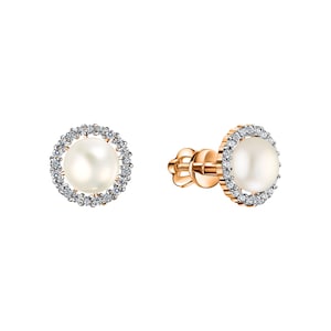 14k Solid Gold Pearl Stud Earring, Freshwater Pearl Diamond Stud, Bridesmaid Jewelry, Wedding Earring, Birthday Gift