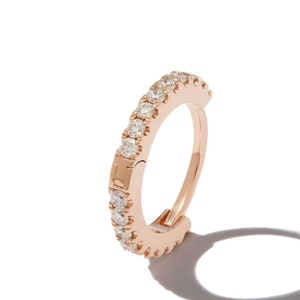 14K Rose Gold Diamond Eternity Hoop Earring – Dainty Pave Huggie Earring – Real Gold Cartilage Hoop – Luxury Minimalist Jewelry Gift.