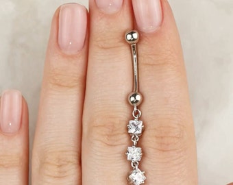 Gold Dangle Drop Princess Diamond Belly Bar, Dangling Belly Button Ring, Navel Piercing, Women Body Jewelry Gift, Cushionblue Jewels.