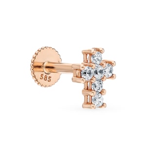 Diamond Cross Stud Earring, 14K Solid Gold Cross Piercing, Tiny Diamond Piercing,  Religious Jewelry, Gift For Her