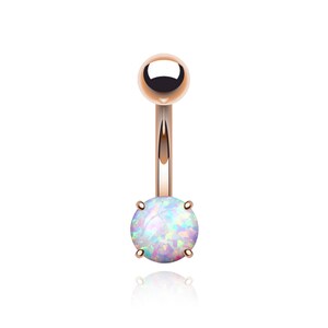 May include: A rose gold belly button ring with a clear opal gemstone. The ring is made of surgical steel and is perfect for everyday wear.