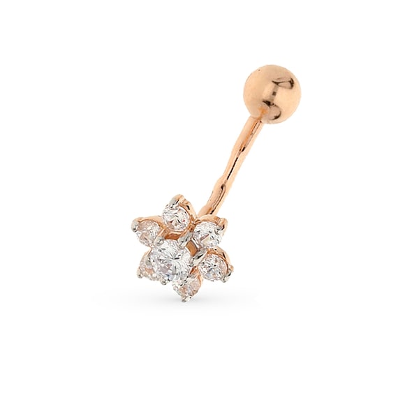 14k Rose Gold Belly Piercing Flower Belly Bar Body Jewelry Navel Button Ring Floating Navel Ring Gift For Her Etsy