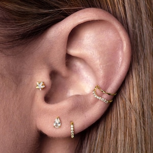 14K gouden oormanchet met dubbele rij diamanten, twist-manchet conch-oorbel, zonder piercing, open conch-oorbel, fijne sieraden, cadeaus voor haar.