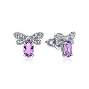 Purple Butterfly Earrings, Oval Amethsyt Diamond Stud, February Birthstone Earrings, Butterfly Stud, Cute Animal Gift