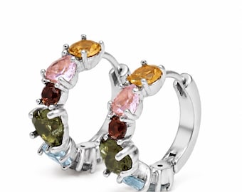 14K Gold Multicolor Gemstone Huggie Hoop Earrings | Rainbow Dainty Fine Jewelry | Colorful Stone Hoops | Gift For Her | Cushion blue
