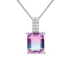 14k Gold Watermelon Tourmaline Pendants ,Unique Fire Square Rainbow Emerald Necklace, Multicolor Gemstone Necklace.