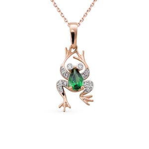 Jump Frog Necklace , 14K Gold Frog Diamond Necklace 18&quot; Chain, Genuine Green Pear Cut Simulated Emerald, Birthday Gift