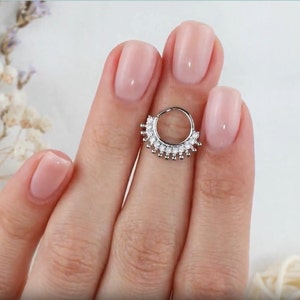14K White Solid Gold Septum Ring |Tribal Clicker |Dainty Gold Nose Hoop for Septum, Daith, Cartilage| 15.4mm Handmade Piercing Gift For Her.