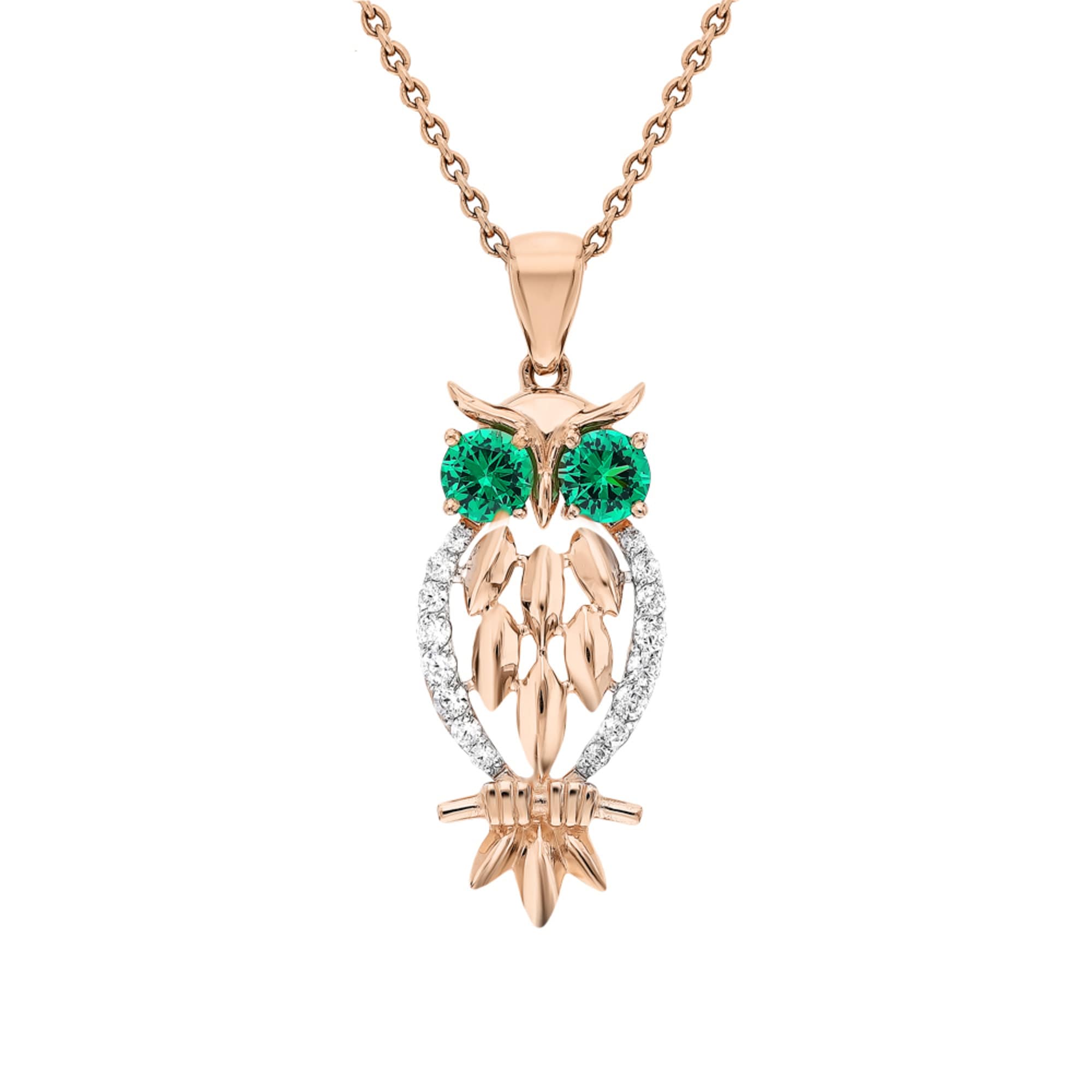 14k Gold Magical Owl Diamond Pendant, Owl Pendant Diamond & Emerald, Women Men Necklace, Birthda