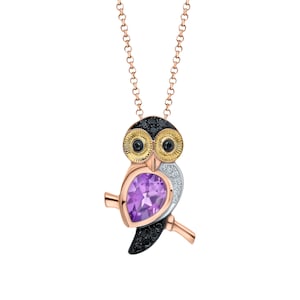 14k Rose Gold Lucky Owl Pendant, Owl Pendant with Black Diamond and Amethyst, Women Men Necklace, Valentine&#39;s Gift.
