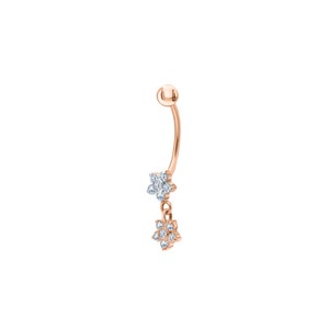 Gold Double Flower Belly Ring, Diamond Dangle Navel Piercing, Curved Barbell Belly Jewelry, Dainty Body Piercing, Gift For Her.