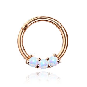 Elegant 3 Opal Daith and Septum Ring, 16G Gold Clicker Hoop, Cartilage and Tragus Piercing Jewelry, Dainty Body Jewelry, Helix Gift For Her.