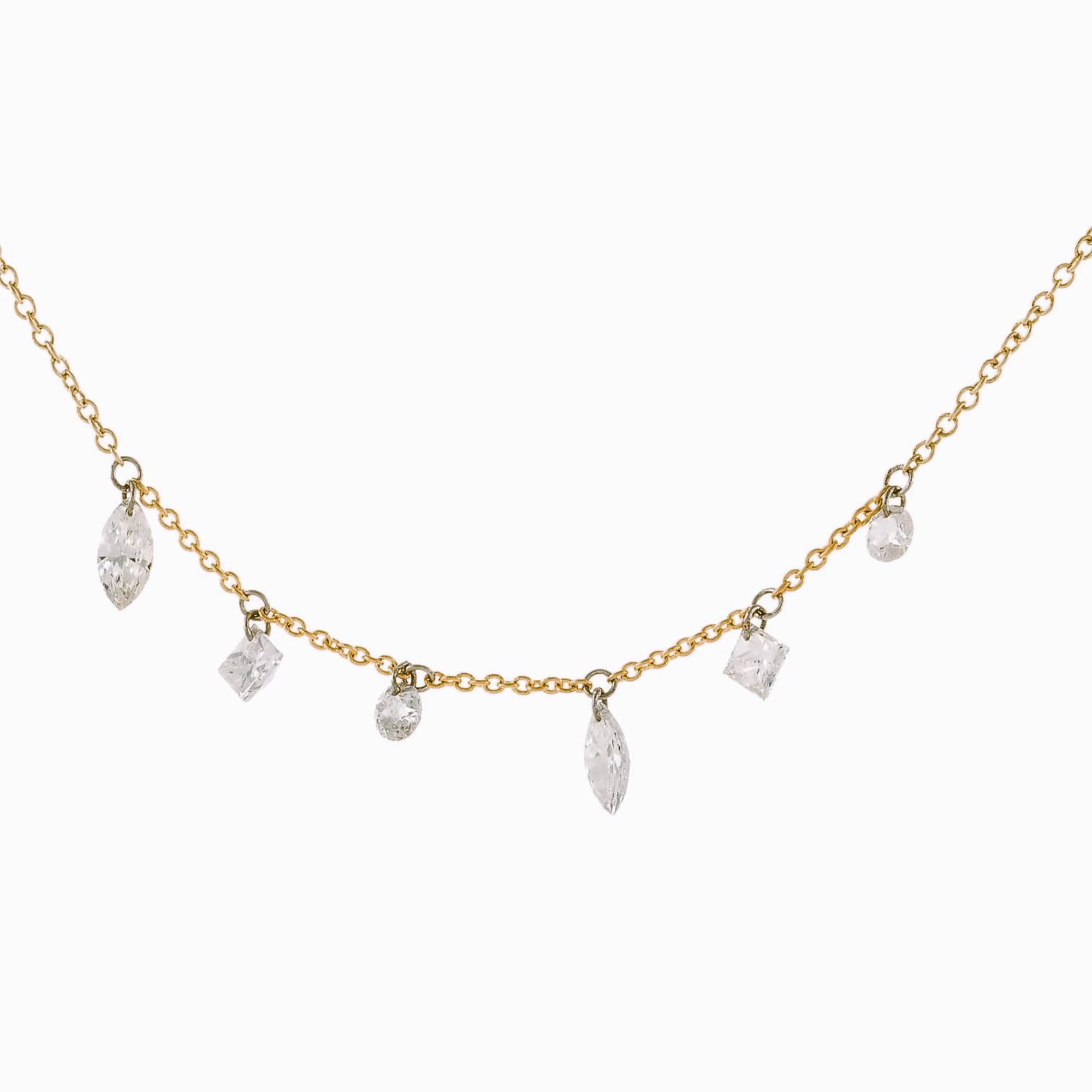 Floating Multi Shape Diamond Necklace, 14K Gold Drilled