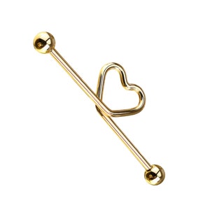 14K Yellow Gold Heart shape Industrial Barbell, Love Heart Center Industrial Barbell, Industrial Piercing, Body Jewelry, Gift For Her.
