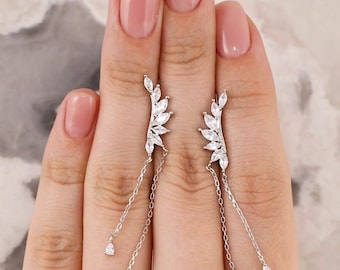 Leaf Marquise Diamond Chain Earrings, 14k Gold Leaf Threader Earring, Pear Diamond Climber Chain Earring, Gift for Women