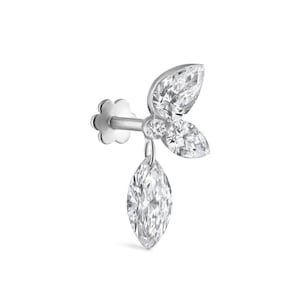 14K White Gold Triple Marquise Diamond Lotus Labret Stud – Flat Back Cartilage Earring for Helix, Tragus, and Conch Piercings