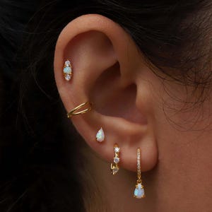14k Gold Opal Gemstone Stud, Diamond & Opal Flat Back Piercing, Triple Stone Prong Set Earring, Cluster Cartilage Piercing, Gift For Women.