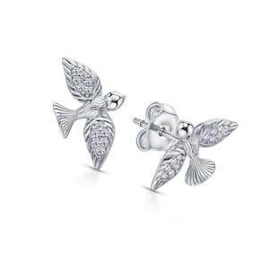 Happy Sparrow Bird Diamond Stud Earring, 14k Gold Leaf Wing Flying Birds Earring, Humming Spring Swallow Stud, Gift For Mom.