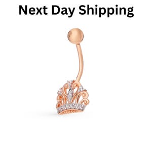 Gold Diamond Crown Belly Ring, Dangle Navel Piercing Jewelry, Solid Gold Belly Button Barbell, Threaded Belly Piercing, Gift For Her.
