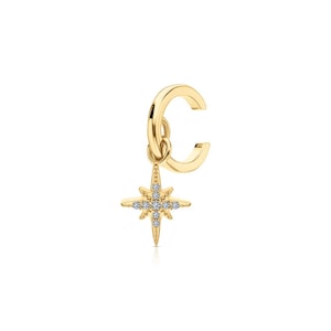 Pendiente de aro con diamantes y estrella del norte en oro de 14 k, pendiente con dije de estrella del norte colgante, pendiente sin perforación, pendiente de estrella, regalo para ella.