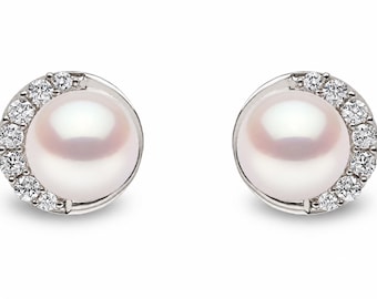 14K Gold Pearl Stud Earrings | Round Brilliant Diamond Halo | Elegant Classic Jewelry | Lobe Piercing | Anniversary Gift | Cushion blue
