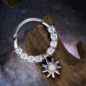 Sunburst Opal Hoop Earring| 14K Sterling Gold Clicker Ring| Dainty Sun Charm Cartilage Piercing Jewelry| Helix Piercing| Nose Ring For Her.