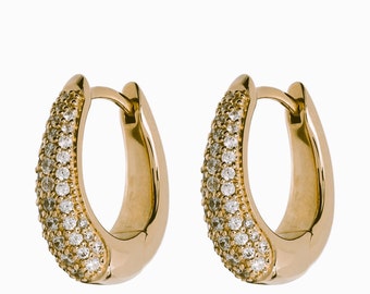 Pave Diamond Huggies Earring • 14k Gold Hoop Earrings • Thick Diamond Hoop • Simple Celebrity Huggies • Tapered Hoop • Gift For Her.