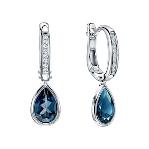 14K Gold Pear Shape Blue Topaz Diamond Earring, Silver Teardrop Earrings with Blue Stone, Raindrop Gemstone Hoop, Birthstone Gift.