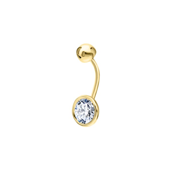 Solitaire Belly Bar, 14k Gold Round Belly Ring, Curved Bezel Diamond Ring, Navel Belly Piercing, Barbell Body Jewlery.