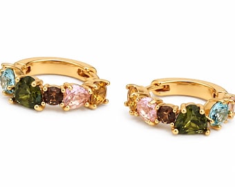 14K Gold Gemstone Huggie Hoop Earrings | Tourmaline Pink Sapphire | Colorful Clusters | Everyday Jewelry | Birthday Gift | Cushion blue