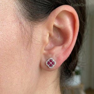 14K Gold Ruby Flower Stud Earrings | Diamond Halo Clover Earrings | Floral Cluster Studs | Screw Back Earrings | Gift for Her | Cushionblue