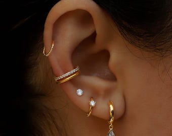 Solid Gold Double Row Diamond Earring | Twist Cuff Conch Earring | No Piercing | Open Conch Ear Wrap, 925 Sterling, 10k, 14k, Gifts For Her.