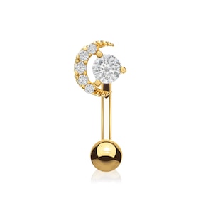 14k Gold Diamond Moon Rook Piercing, Crescent Curved Barbell Earring, Cartilage Tragus Jewelry, Celestial Gift for Her.