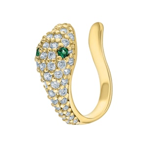 Comfortable Pave Diamond Snake Ear Cuff, Emerald Gemstone Ear Cuff In 14k Gold, Green Eyes Snake Cuff, Gift For Women