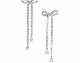 14K Gold Diamond Bow Dangle Earrings | Long Drop Ribbon Design | Elegant Statement Jewelry | Gift For Her | Cushion blue