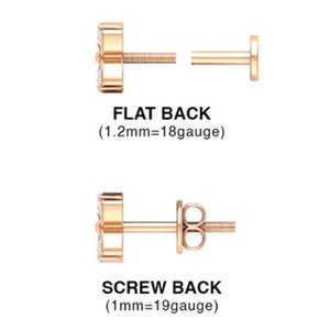 May include: Four different types of earring backs: ball screw back, flat back, screw back, and push back. Each back is shown with a close-up of the back and a description of the size and gauge.
