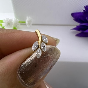 Diamond Vine Threaded Stud Earring, 14K Yellow Gold Marquise Diamond Leaf  Piercing,  Helix Piercing, Cartilage Tragus Stud, Gift For Her.