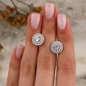 14k White Gold Diamond Halo Stud Earring , Brilliant Round Diamond Studs, Everyday Earrings, Mother&#39;s Day Gift.