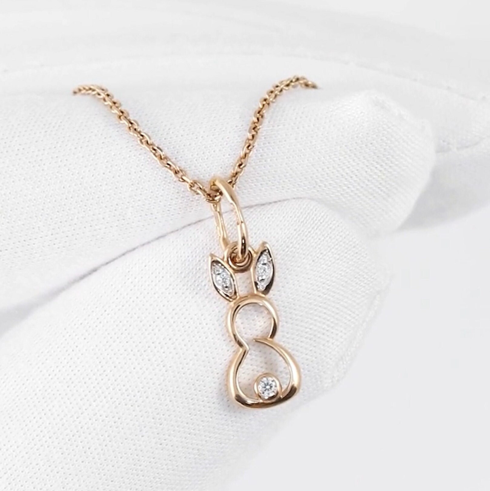 14k Gold Diamond Rabbit Pendant, Rabbit Charm Pendant, Animal Necklace ...