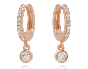 Solid Gold Round Diamond Hoop Earrings | Dangle Gold Clicker Hoops | Bezel Diamond Dangle Earrings | Cushionblue Fine Jewelry.