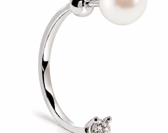 14K White Gold Pearl Diamond Earrings | 6mm Round Pearl Stud | 0.06 CTW Diamond Jewelry | Elegant Birthday Gift for Women | Cushion blue