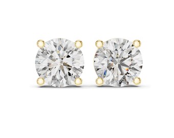 14K Gold Round Diamond Stud Earrings | Four Prong Solitaire Push Back Posts | Dainty Fine Everyday Jewelry | Gift For Her | Cushion blue