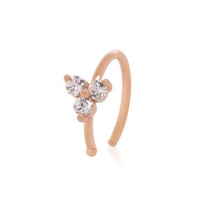 Perno nasal de oro macizo de 14 quilates con 3 hojas, anillo nasal con triple diamante, aro nasal, perforación de nariz, perforación del tabique nasal, regalo para mujer.