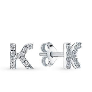 Pendiente con inicial de diamante, semental con nombre de diamante del alfabeto de oro blanco de 14 k, pendiente con forma de letra, pendiente delicado, regalo de cumpleaños.
