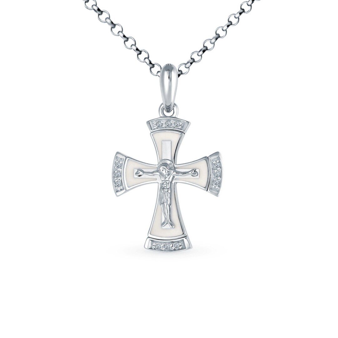 Crucifix Cross Diamond Necklace, Enamel Cross Pendent, 14k Gold