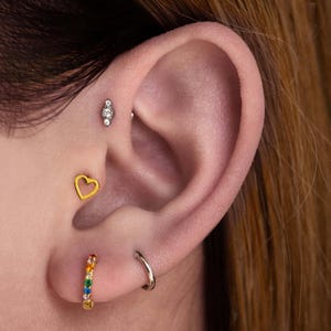 14K Gold Hollow Heart Piercing, Cartilage Tragus Conch and Helix Piercing, Minimalist Cute Earrings, Women Charm Stud, Gift For Her.
