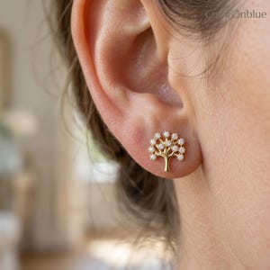 14k Solid Gold Tree of Life Stud Earring – Tiny Diamond Forest Tree Studs – Symbolic Minimalist Jewelry by Cushionblue.