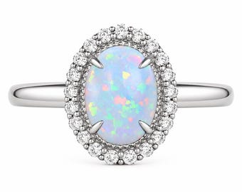 14K Gold Oval Opal Ring | 0.33 CT Round Brilliant Diamonds | 8x6mm Center Stone | Vintage Bridal Jewelry | Gift For her | Cushion blue