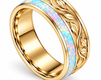 14K Gold Opal Inlay Ring, Engraved Leaf Vine Band, Colorful Opal Wedding Ring, Boho Statement Jewelry, Anniversary Gift, Cushionblue