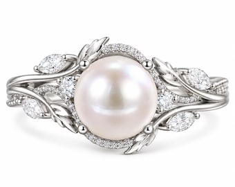 14K Gold Pearl Ring | 0.29 CT Diamond Marquise Round Brilliant | 7mm Center Pearl | Vintage Bridal Jewelry | Gift For her | Cushion blue